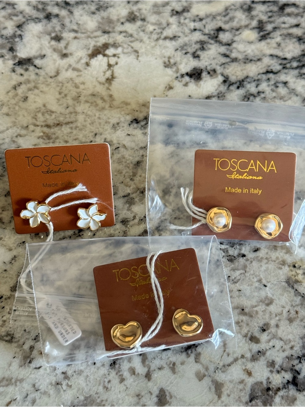 Gold-Tone White Enamel Flower, Pearl & Heart Stud Earring Set - 3 Pairs